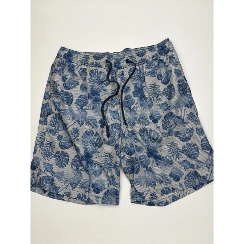 Calvin Klein Mens Blue‎ Tropical Leaf Pinstripe Swim Trunks Size Small RN54163